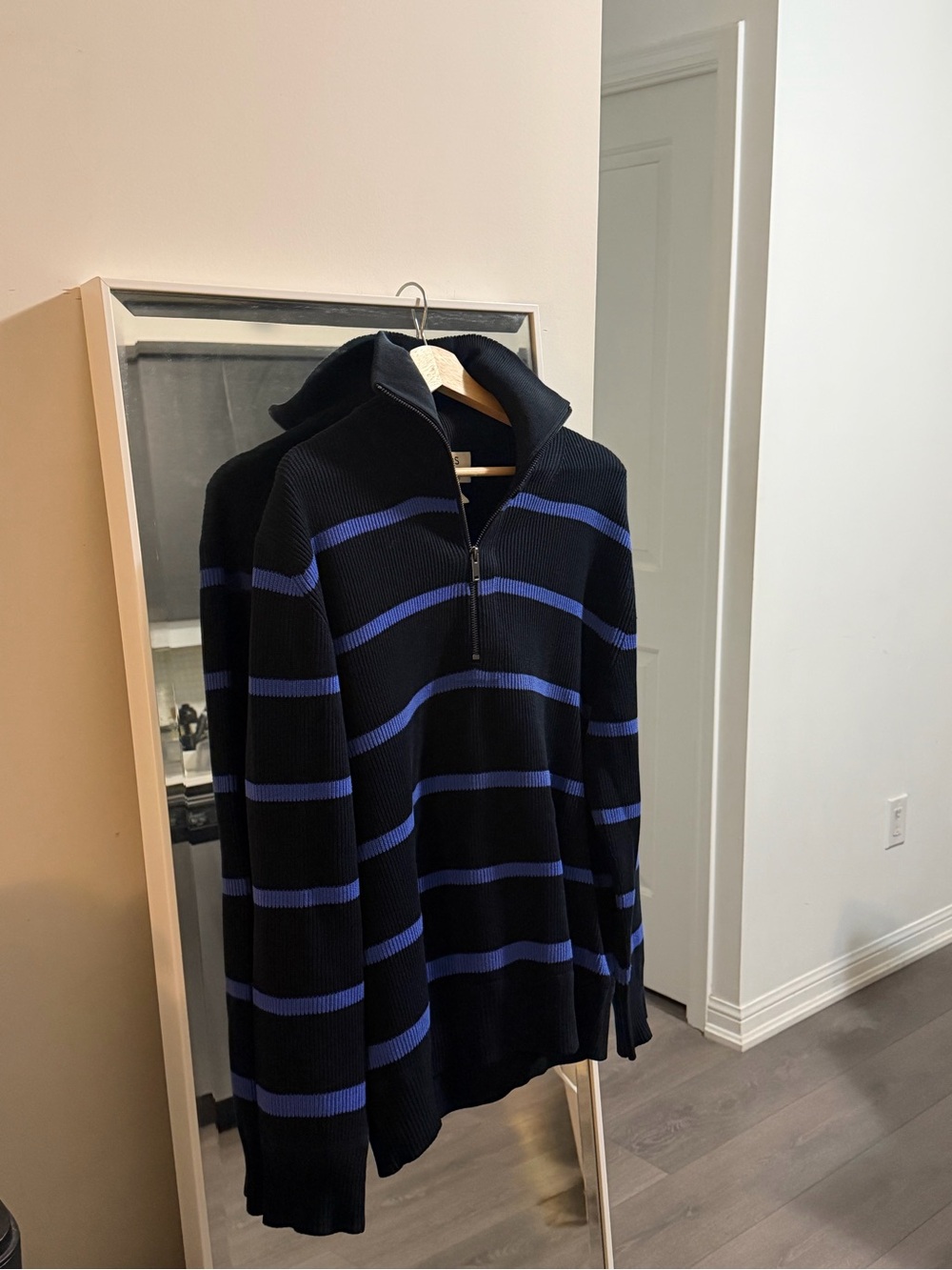 COS Mens Black Sweater with Blue Stripes and Half-Zip